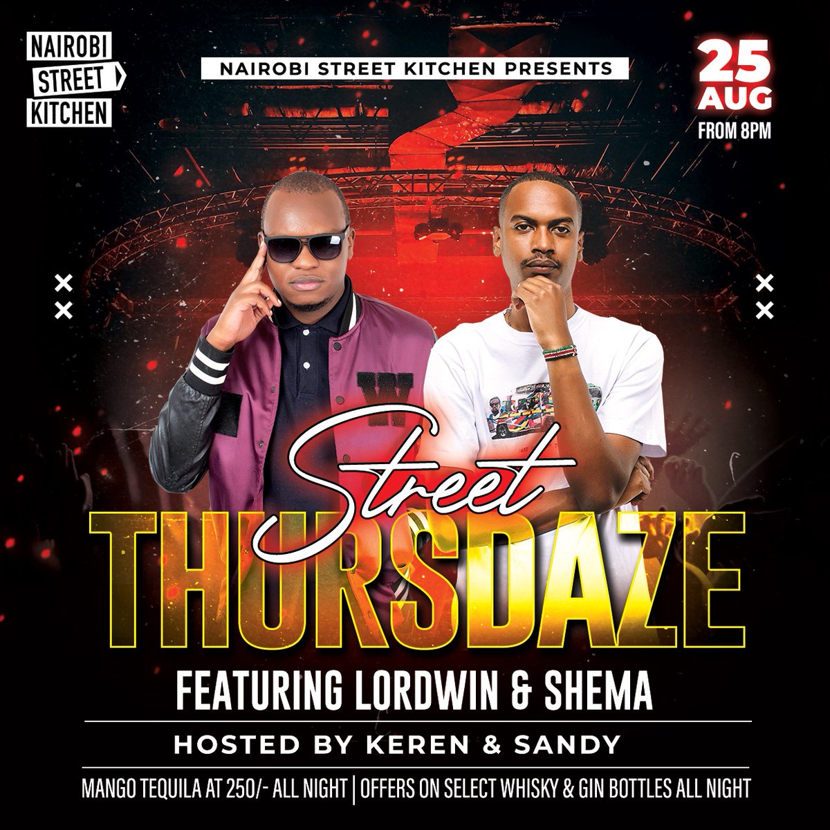 Nairobi Street Kitchen (@nrbstrt_kitchen) on Twitter photo This Thursday it's a party like no other at NSK with <a href="/djLordwin/">THE LORD</a> and @shema_rabala on the decks from 8pm till late!
Enjoy cool jams & offers on tequila, select whisky, and gin bottles all night.
Entry is Free
Hosted by <a href="/Kerenmunene/">♥ keren munene ♥</a> and <a href="/_SandyJoan_/">Valedictorian</a>
See you there! This Thursday it's a party like no other at NSK with <a href="/djLordwin/">THE LORD</a> and @shema_rabala on the decks from 8pm till late!
Enjoy cool jams & offers on tequila, select whisky, and gin bottles all night.
Entry is Free
Hosted by <a href="/Kerenmunene/">♥ keren munene ♥</a> and <a href="/_SandyJoan_/">Valedictorian</a>
See you there!