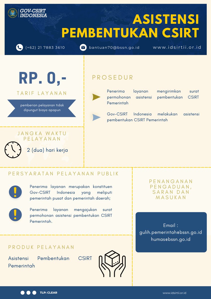 Gov-CSIRT Indonesia memberikan layanan Asistensi Pembentukan CSIRT. Berikut ini merupakan Prosedur Pelayanan yang ada di Gov-CSIRT Indonesia.

idsirtii.or.id/halaman/tentan…