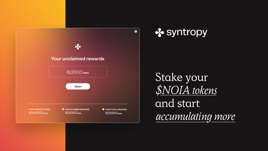 SynternetUA's tweet photo. 💡 #SyntropyStaking - це зручний спосіб накопичити більше токенів $NOIA.

📈 Заробляйте ~25% APY як #Валідатор і 15%+ APY як #Номінатор.

👀 Приєднуйтесь до списку очікування, щоб стати #Валідатором або одразу ж станьте #Номінатором. https://t.co/TsDmXTn1rQ