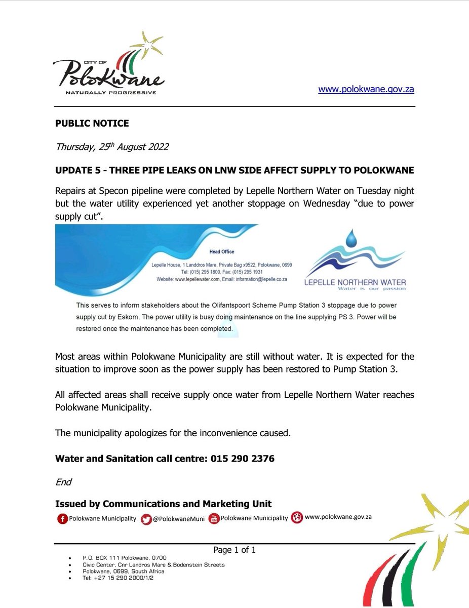 PolokwaneMuni's tweet photo. UPDATE 5 - THREE PIPE LEAKS ON LNW SIDE AFFECT SUPPLY TO POLOKWANE https://t.co/e4PCpslWHu