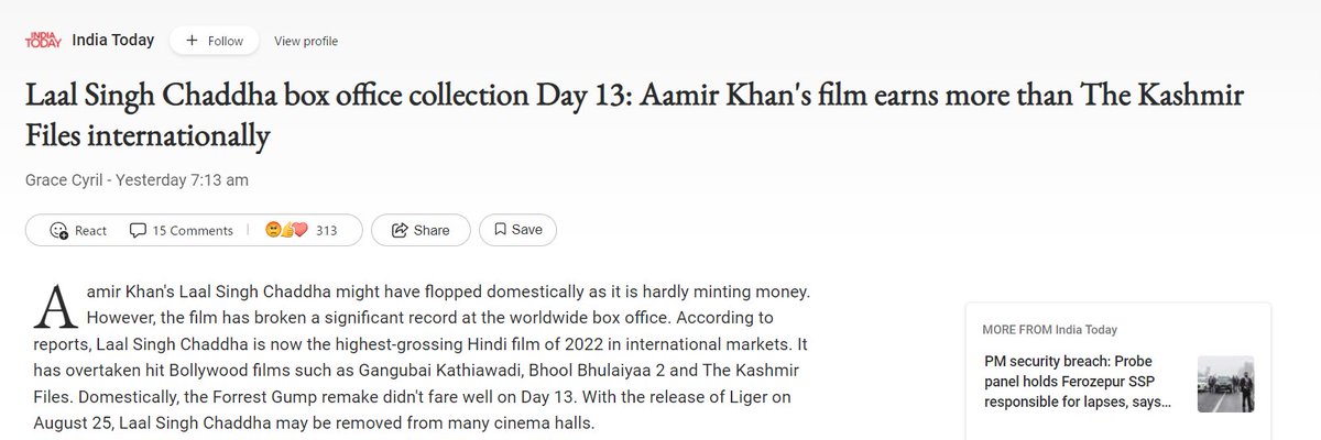 1. Might have flopped 😂
2. Highest grossing Hindi film 2022 🤣
Desperate attempt by @IndiaToday 2 save #Bollywood 
#BoycottLalSinghChaddha #BoycottBollywood #BoycottLiger #BoycottBollywood #BoycottVikramVedha 
@Sanjay_Dixit @shambhav15 @Iyervval @DOpolitics_in @AjeetBhartii