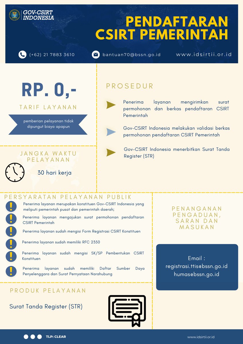 Gov-CSIRT Indonesia memberikan layanan Pendaftaran CSIRT Pemerintah. Berikut ini merupakan Prosedur Pelayanan yang ada di Gov-CSIRT Indonesia.

idsirtii.or.id/halaman/tentan…