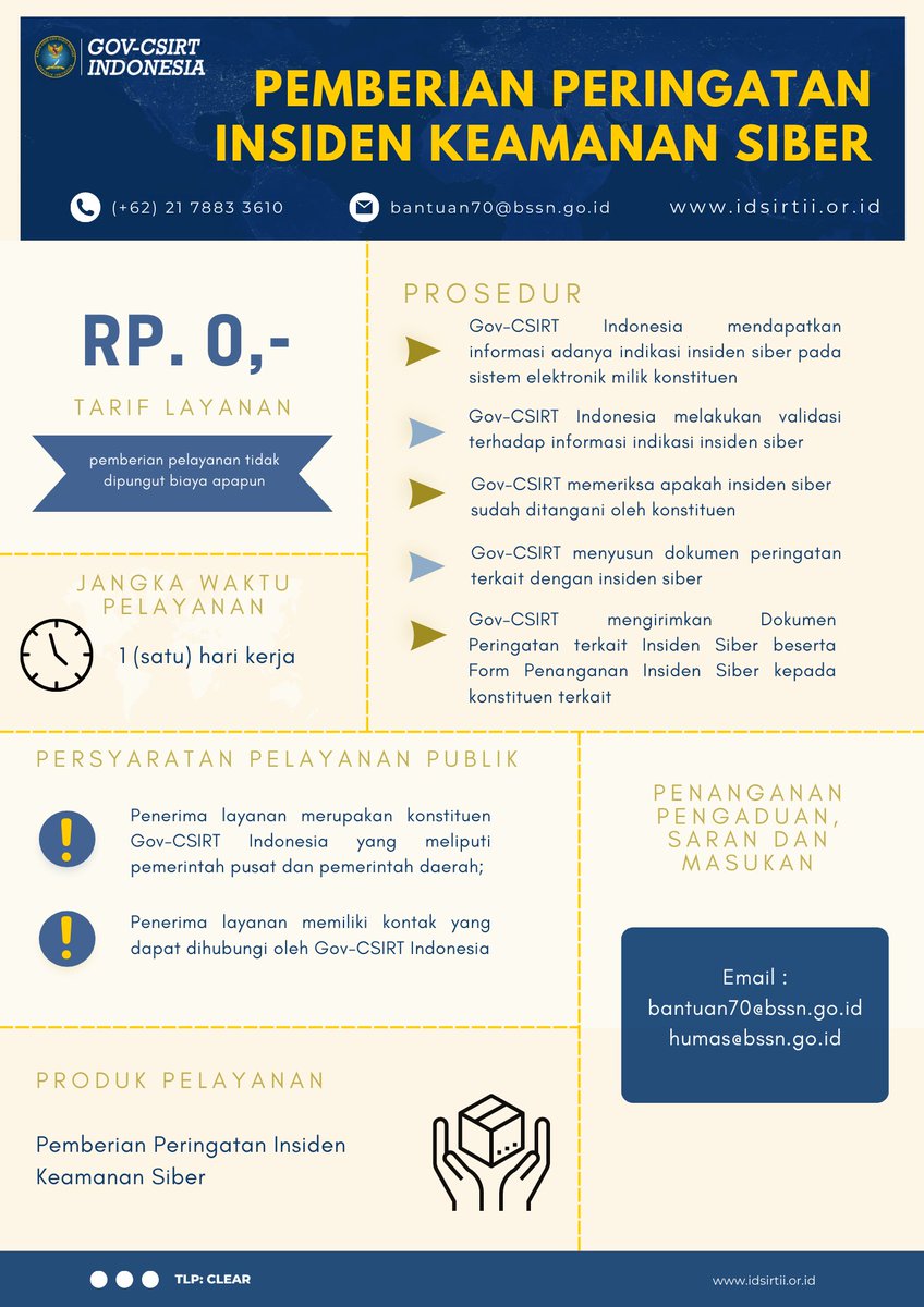 Gov-CSIRT Indonesia memberikan layanan Pemberian Peringatan Terkait Dengan Insiden Siber. Berikut ini merupakan Prosedur Pelayanan yang ada di Gov-CSIRT Indonesia.

idsirtii.or.id/halaman/tentan…