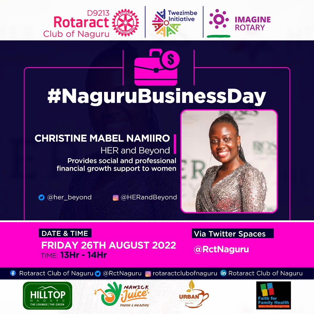 RctNaguru's tweet photo. Heya good people🤩
Guess we know the drill, #Fridays = #NaguruBusinessDay💰📈
Join our #TwitterSpace this #Friday, #1_2pm. We'll be privileged to listen in from @her_beyond founder #ChristineMabelNamiro🥳
Let's join in and get inspired🎯📌 @nantezamiriam @JanetNagawa https://t.co/Uoj9kcviFv