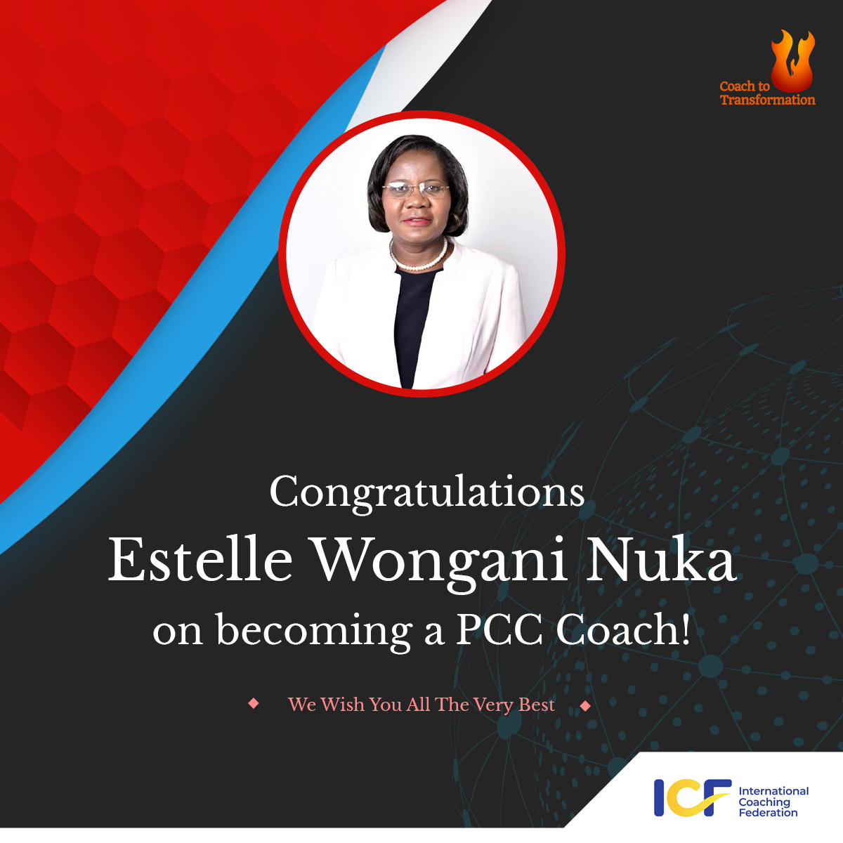 _CTT_'s tweet photo. Team Coach-To-Transformation proudly announces that Estelle Wongani Nuka has completed her PCC credentials. Congratulations, Estelle, and all the best!

#CoachToTransformation #coaching #icfcoach #certifiedcoach #internationalcoachingfederation https://t.co/FUGL03e86s