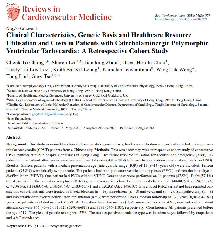 #RCM - Vol. 23 No. 8 🌞Original Research Clinical Characteristics, Genetic Basis and Healthcare Resource Utilisation and Costs in Patients with Catecholaminergic Polymorphic Ventricular Tachycardia: A Retrospective Cohort Study @sharen212 @GaryTse1 #CPVT imrpress.com/journal/RCM/23…