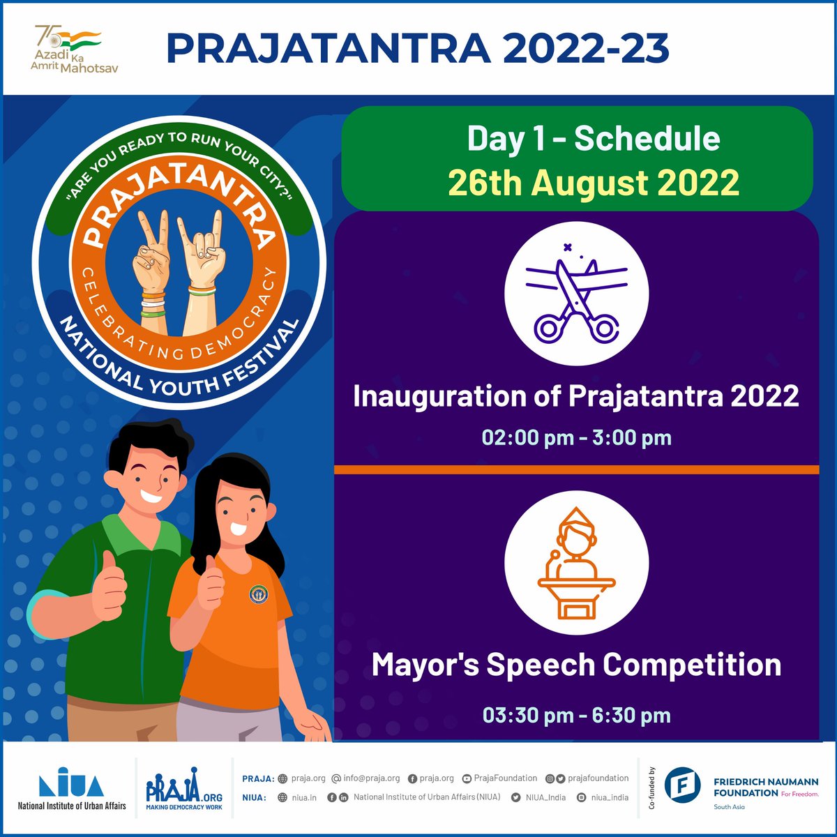 Prajafoundation's tweet photo. #Prajatantra 2022-23, a #MegaFestival of #Youth to #celebrate #democracy is finally here! Join us for Inauguration Ceremony featuring expert #Moderator @ajaysuri2 and guest #speaker @roshnugg &amp; @MehtaNitai. It'll be followed by #MayorSpeech #competition
🔗https://t.co/arhBz82dwi https://t.co/o951Pww5HL