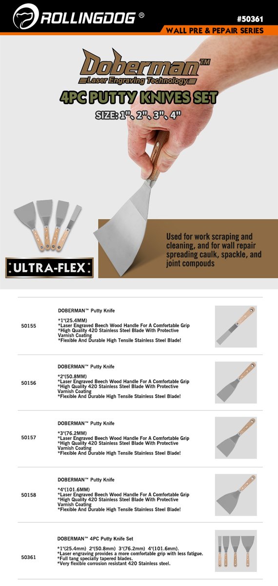 Rollingdogtool's tweet photo. DROLLINGDOG® DOBERMAN™

4PC Putty Knife Set
（420 Stainless Steel；Ultra -Flex；Laser Engraved）

#Painting #ROLLINGDOGTOOLS #paints #oil #wallprep #repairseries #Wallpainting #Homeimprovement #DIY #Woodputtyknife #scraper https://t.co/F5NfU6KXHJ