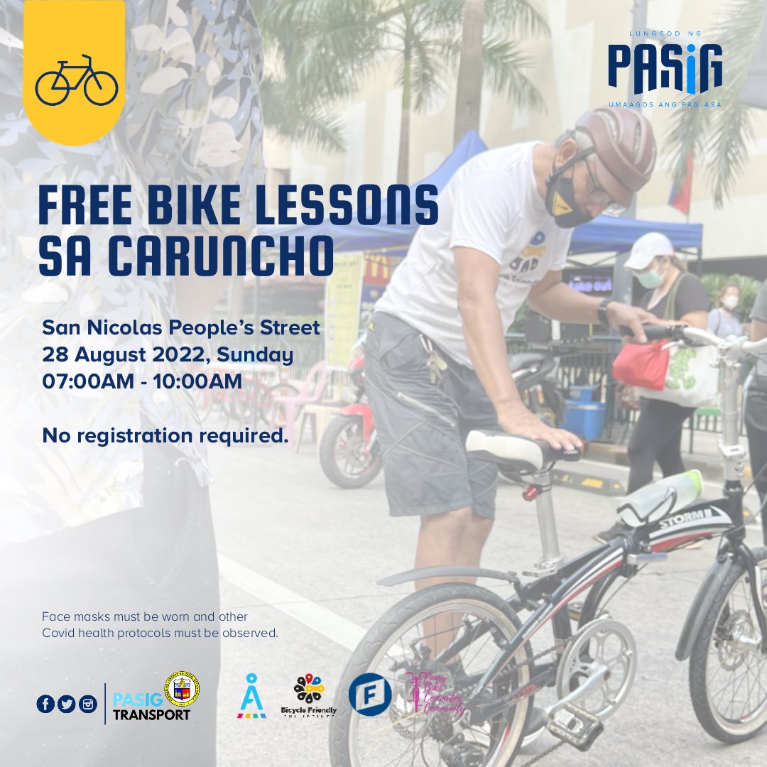 PasigTransport (@pasigtransport) on Twitter photo Kitakits ngayong Linggo sa Caruncho mula 7AM hanggang 10AM para sa free bike lessons.
First-come, first-served. No registration required.
Salamat sa <a href="/AltMobilityPH/">AltMobility PH</a>, Bicycle Friendly Philippines, <a href="/FNFPhilippines/">FNF Philippines</a>, at Pinay Bike Commuter Community! Kitakits ngayong Linggo sa Caruncho mula 7AM hanggang 10AM para sa free bike lessons.
First-come, first-served. No registration required.
Salamat sa <a href="/AltMobilityPH/">AltMobility PH</a>, Bicycle Friendly Philippines, <a href="/FNFPhilippines/">FNF Philippines</a>, at Pinay Bike Commuter Community!