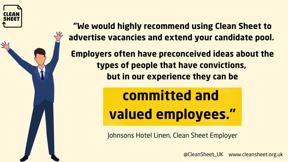 CleanSheet_UK's tweet photo. "In our experience, [people that have convictions] can be committed and valued employers." - Johnson's Hotel Linen, Clean Sheet Employer.

Feeling inspired to become a Clean Sheet Employer? Get in touch today! https://t.co/oj7O5kkEYt https://t.co/DkqWHrthpO