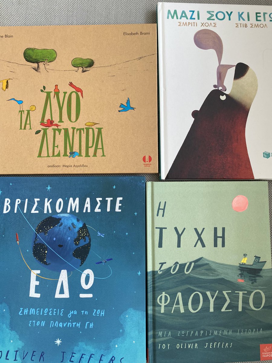 Books4Toddler's tweet photo. Back from our Greek holiday with this little lot! #elisabethbrami ‘s wonderful Les Deux Arbres, translated in Greek by #angelusnovus. @SmritiPH ‘s I am Sticking with You with illustrations by @STUDIOAKA . The Fate of Fausto and Here we Are by @OliverJeffers https://t.co/zoYRcReNSO
