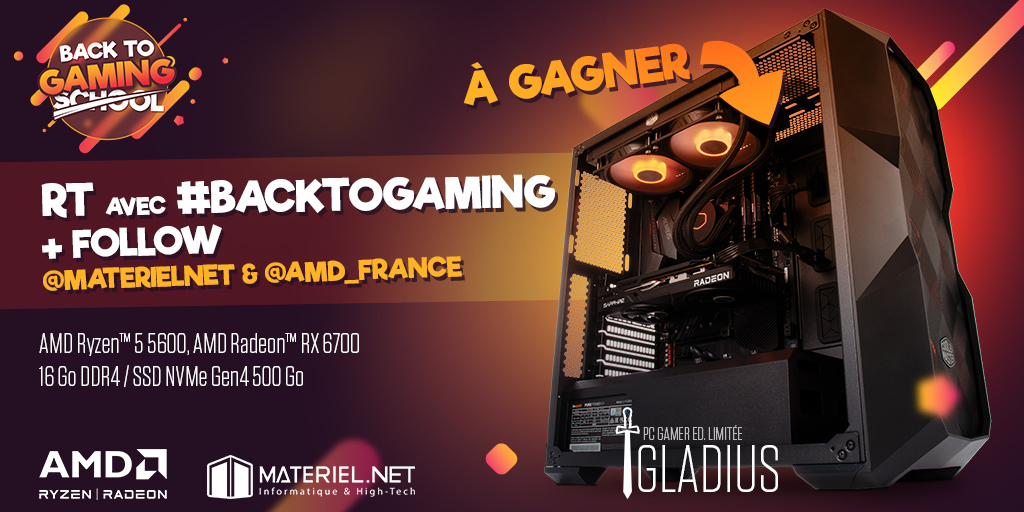 materielnet's tweet photo. 🎁 𝐂𝐎𝐍𝐂𝐎𝐔𝐑𝐒 🎁

Comment gagner notre PC Gamer 𝐆𝐥𝐚𝐝𝐢𝐮𝐬 en 4⃣ actes :
⚔️ RT avec #BackToGaming
⚔️ Follow @materielnet
⚔️ Follow @AMD_France
⚔️ Être tiré au sort le 02/09/22

La config' complète 👉 https://t.co/kC3c6Jd4Nx

🎲 Puisse le sort vous être favorable 🎲 https://t.co/wL84c9to1X