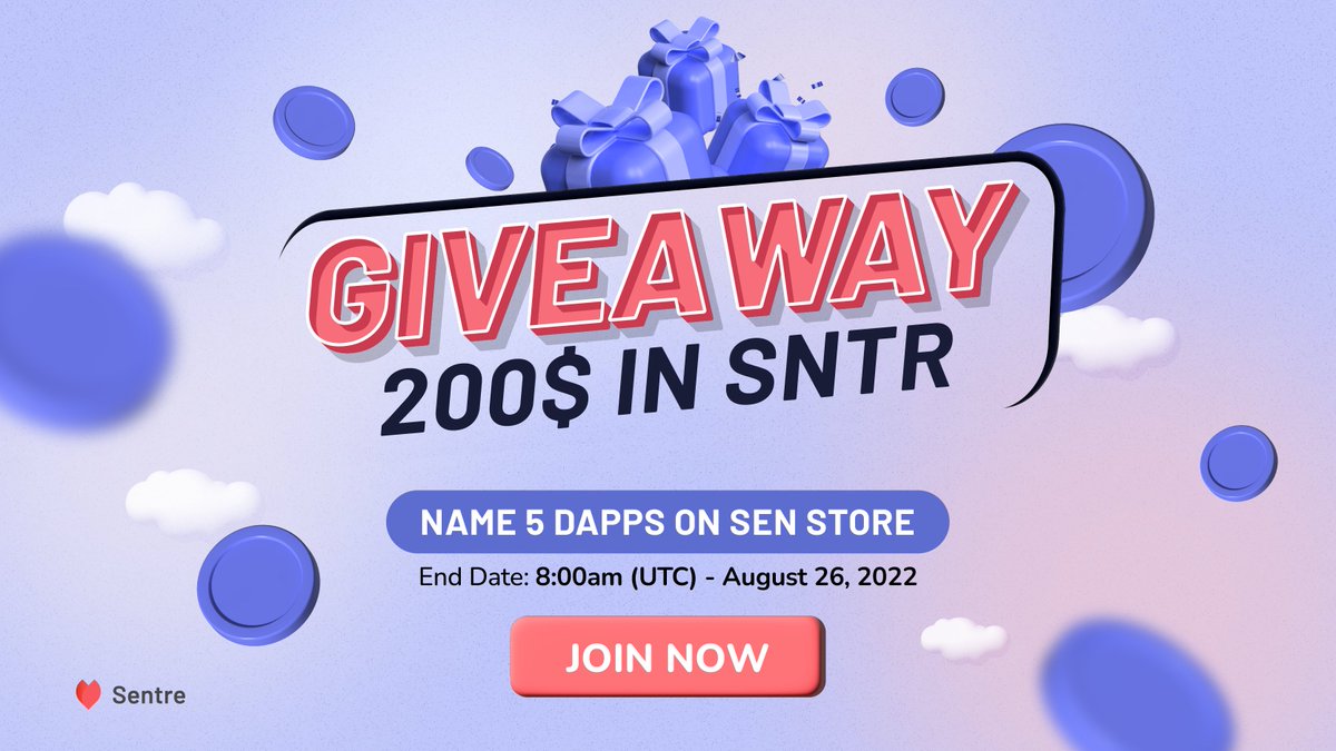 🎯 Name your 5 favorite DApps on Sen Store

🛍 Rewards: 200$ in SNTR to 20 winners
💣 End Date: 8 am UTC Aug 26

✅ Like, retweet this tweet and pinned tweet
✅ Comment the answer and capture installed applications with the wallet on 👉 hub.sentre.io/app/store?utm_…
#Giveaway  #Airdrop