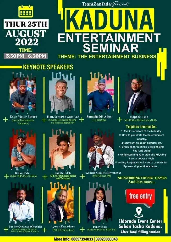 magsloadedblog's tweet photo. TEAM ZANFADA
Presents 
KADUNA ENTERTAINMENT SEMINAR
DATE: Today, Thursday 25th August 2022
TIME: 3:30PM
VENUE: Eldorado Event Center, Sabon Tasha Kaduna.
@ibiofficialX
#KadunaEntertainmentSeminar
@magsloadedblog @JnrMagu https://t.co/QHymb3by4c