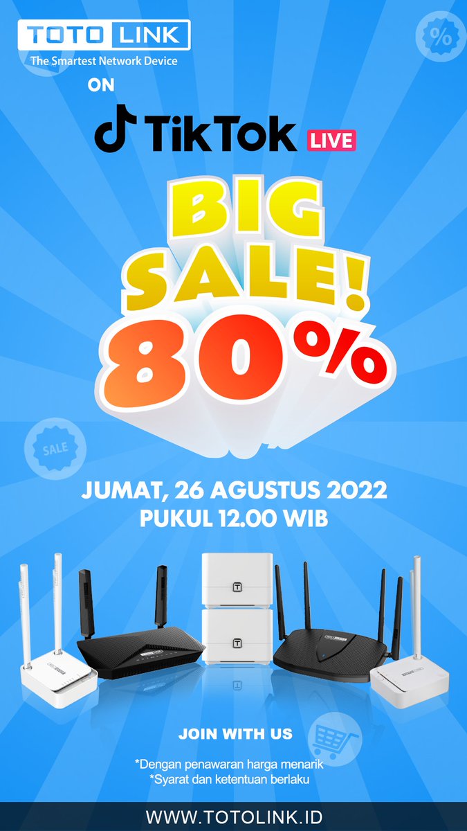 totolinkID's tweet photo. Tiktok BigPromo, buat kamu para pecinta produk totolink. Save the day for the big promo router dari TOTOLINK
#TOTOLINK #BigPromo #SalePromo #tiktok #tiktoklive #fridaysale #Totolinkindonesia #RouterCanggih #RouterWIFI https://t.co/wAB7BIPR19