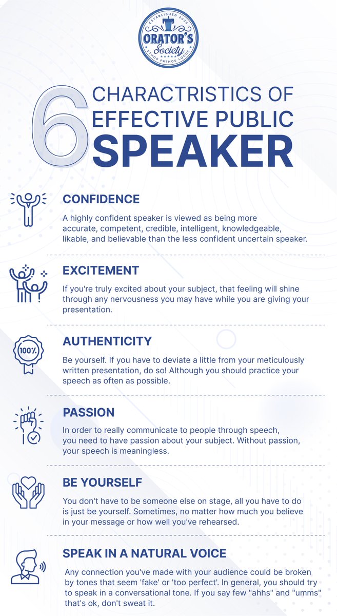 SocietyOrators's tweet photo. Characteristics of an effective public speaker.
Explore more &amp; Download the app - https://t.co/7RLpg9Uchx

#OratorsSociety #PublicSpeaking #LeadershipPlatform #CommunityPlatform #PublicSpeakingApp https://t.co/LTssG7nzc3