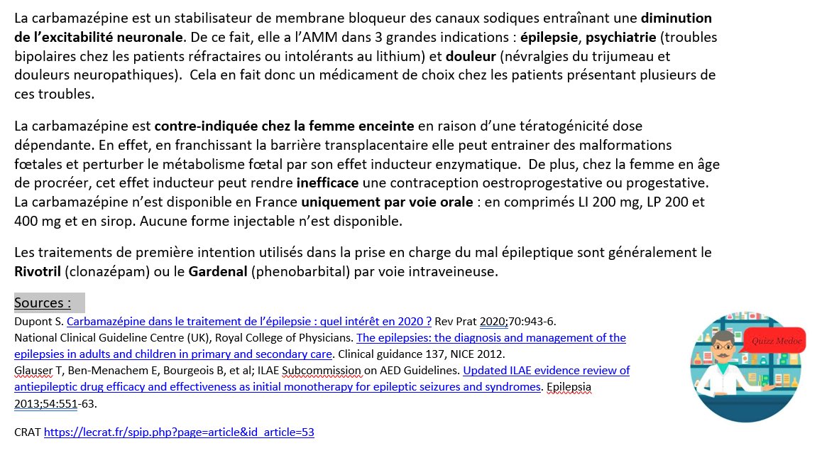 QMedoc's tweet photo. Réponse au quizz sur la carbamazepine dans l’image ci jointe ! 👇🏽👇🏽👇🏽#pharmatoctoc #doctoctoc https://t.co/EfLPypP92h