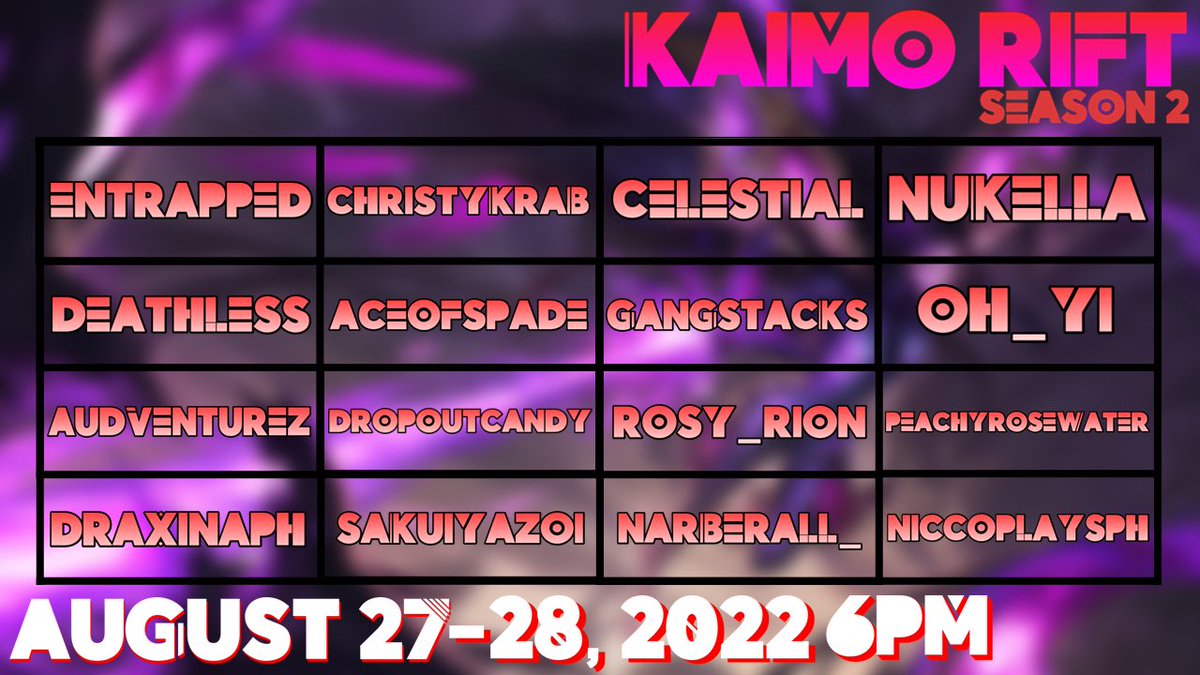 KKaimo_'s tweet photo. Are you ready to cheer on your favorite content creators this weekend? Tune in to the 2nd Season of Kaimo Rift this weekend to see how they fare against each other! 👀 #KaimoRift https://t.co/AufhNVhNSg
