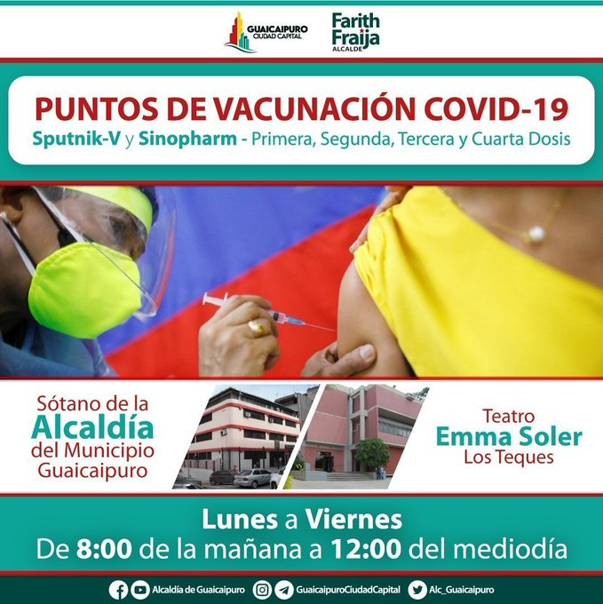 Alc_Guaicaipuro's tweet photo. #VACUNACIÓN || Puntos de vacunación Anticovid19 en Los Teques
𝐋𝐮𝐧𝐞𝐬 𝐚 𝐕𝐢𝐞𝐫𝐧𝐞𝐬
🕖 De 8am a 12pm
💉 Sótano de la Alcaldía de Guaicaipuro
💉 Teatro Emma Soler
𝐒𝐩𝐮𝐭𝐧𝐢𝐤-𝐕 𝐲 𝐒𝐢𝐧𝐨𝐩𝐡𝐚𝐫𝐦
𝘛𝘰𝘥𝘢𝘴 𝘭𝘢𝘴 𝘥𝘰𝘴𝘪𝘴
#Guaicaipuro #PoderInnovar https://t.co/mzLUFSiQmj