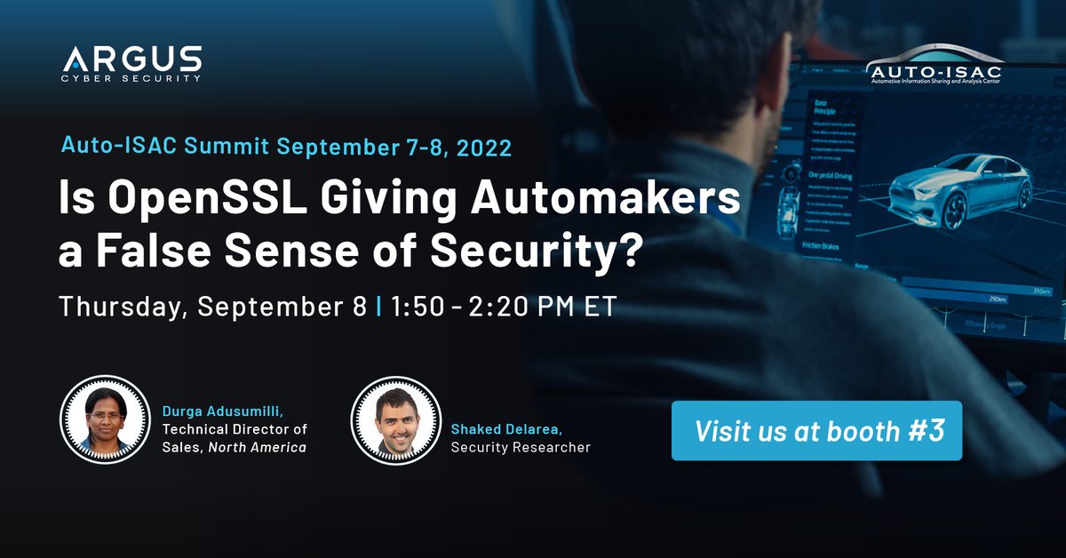 PlaxidityX's tweet photo. @AutoISAC Summit is just around the corner! Planning to attend? Make sure to catch our speaking session on OpenSSL & pre-schedule a meeting with Argus' #automotive #cyber experts for a live demo of our industry-leading #onboard and #offboard solutions. https://t.co/txLlKRIWQJ https://t.co/7lNq2OHshv