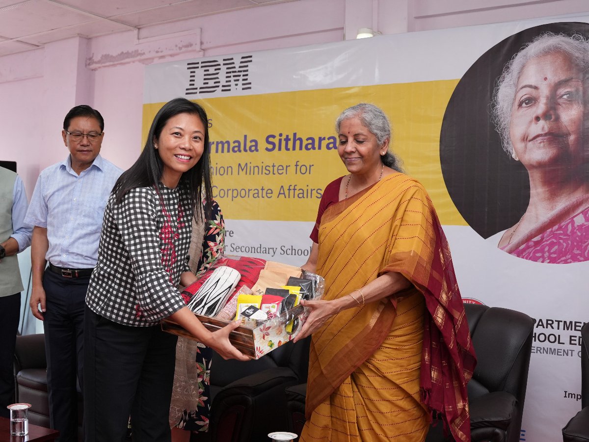 YNnagaland's tweet photo. Hon'ble Union Minister of India Smt. @nsitharaman & @MyGovNagaland officials visits one of our #IBMSTEMforGirls project site at N Kire GHSS Kohima. Students from N Kire GHSS, GHS Chandmari and GHS Tasazhu, Jotsoma exhibits their prototypes. @ibm_in @questalliance #YouthNet https://t.co/lhCVGfuebq