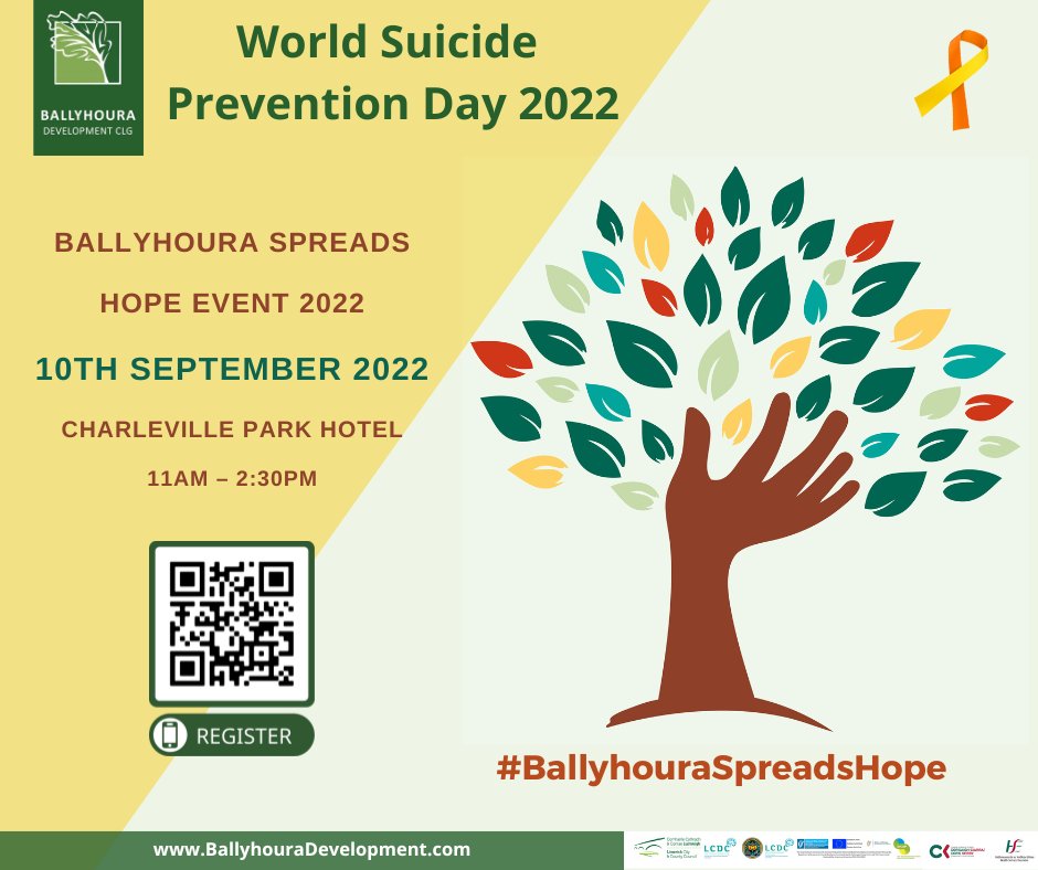 ✨Come and join Ballyhoura Development as we raise awareness of International #WorldSuicidePreventionDay 2022 on the 10th of September at the @CharlevillePark It's a 𝗙𝗥𝗘𝗘 𝗘𝘃𝗲𝗻𝘁, but registration is essential: t.ly/avNW All Welcome! #BallyhouraSpreadsHope