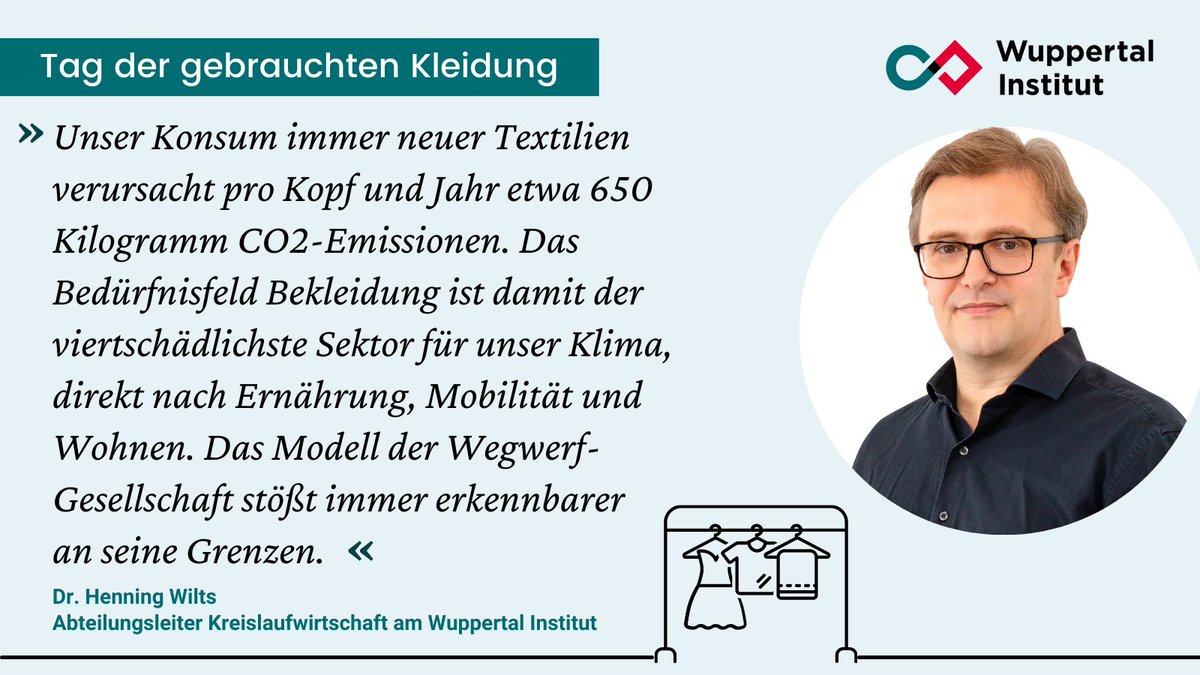 Wupperinst's tweet photo. Heute ist #TagDerGebrauchtenKleidung👚👖
Weltweit werden jährlich 120 Mrd. Kleidungsstücke hergestellt. Viel davon wird nie genutzt, weil sie als #Retouren vernichtet werden. Zum anderen wird die Lebensdauer immer kürzer (1/2)
#SecondHandDay #circulareconomy https://t.co/iwsbejLLmq