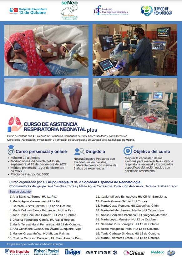 SENeonatologia's tweet photo. Curso de asistencia respiratoria neonatal plus
Organiza: Grupo RESPISURF de la Sociedad Española de #Neonatología @SENeonatologia @H12Oneo 
Presencial: 1 y 2 diciembre
Online: 15 de septiembre al 15 de noviembre
Más información en el cartel 👇
¡Os esperamos! https://t.co/PZE93HNWZA