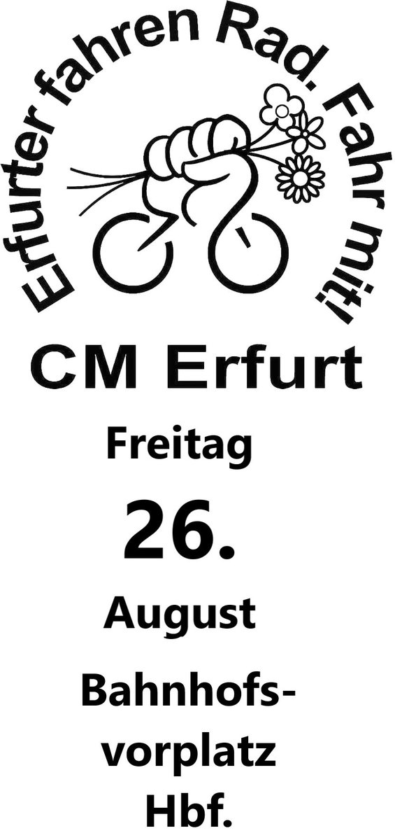 Morgen ist es wieder soweit, wir starten für die gemeinsame Ausfahrt #criticalMassErfurt nach §27StVO quer durch #Erfurt.
Wir wollen natürlich, dass so viele wie möglich teilnehmen. #DieMasseMachts. Deswegen - fahrt mit!
Wir freuen uns auf euch. #CriticalLoveStory #CMEF #CMaugust