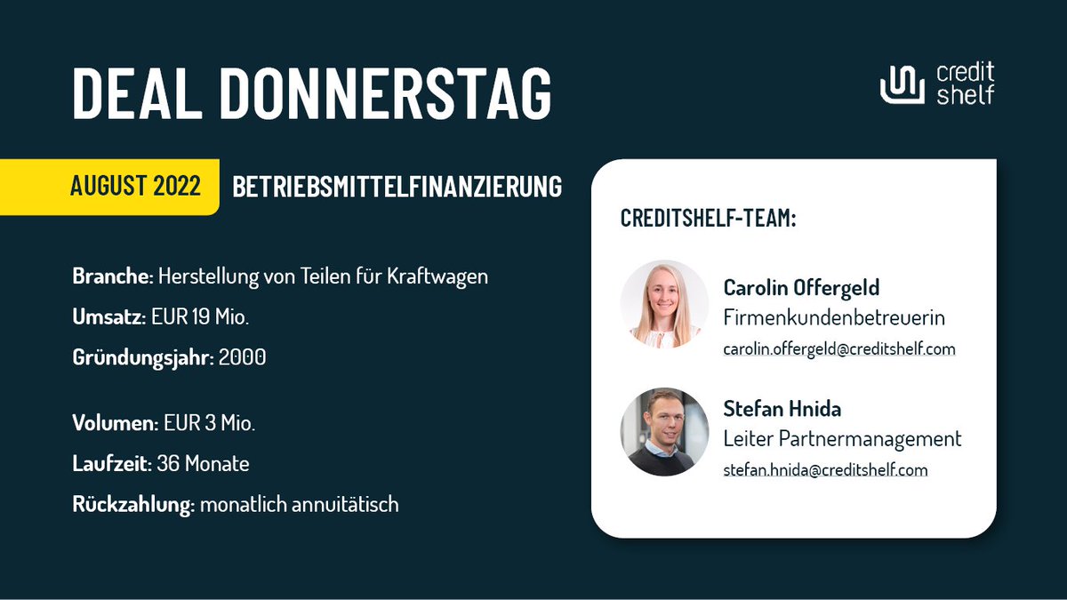 News am Deal-Donnerstag | Für einen Automobilzulieferer haben wir über unsere Plattform eine schnelle und unbesicherte Finanzierung in Höhe von EUR 3.000.000,00 erfolgreich umgesetzt.
 
Start. It's your deal!

#creditshelf #finanzierung #DealDonnerstag