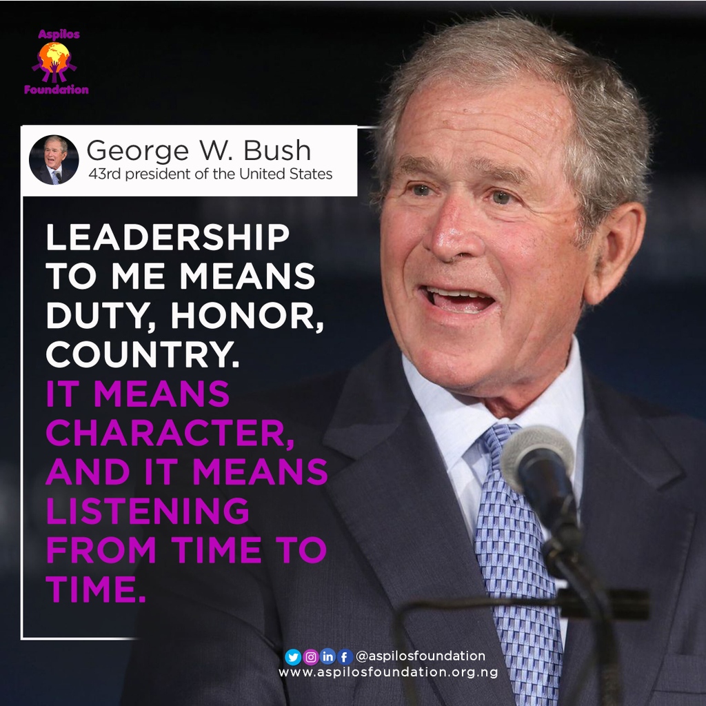 aspilosfdn's tweet photo. #LeadershipNuggets: "Leadership to me means duty, honor, country. It means character, and it means listening from time to time." - George W. Bush
CHOOSE A TRUE LEADER COME THE 2023 ELECTIONS! #SayNoToVoteBuying
.
#EmergingCitizens #CitizensPlatform https://t.co/fKWZCx2XVX