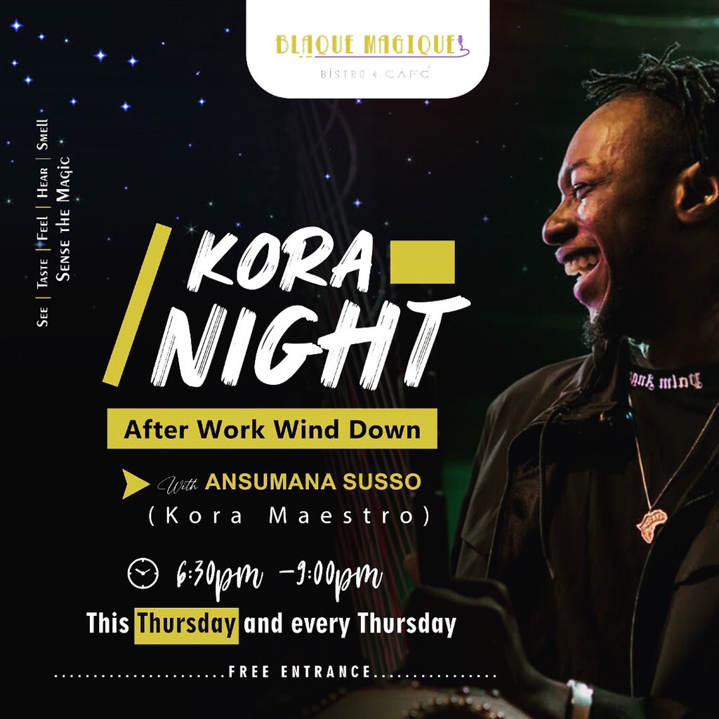 bmbistrocafe's tweet photo. The Maestro @ansukora_ returns for #koranight 

Join us tonight for some melodious sounds
Kora Night Thursdays resumes ‼️
.
.
#restaurant #cafe #music #entertainment #food #drinks #fun https://t.co/uOIWDEcFX0