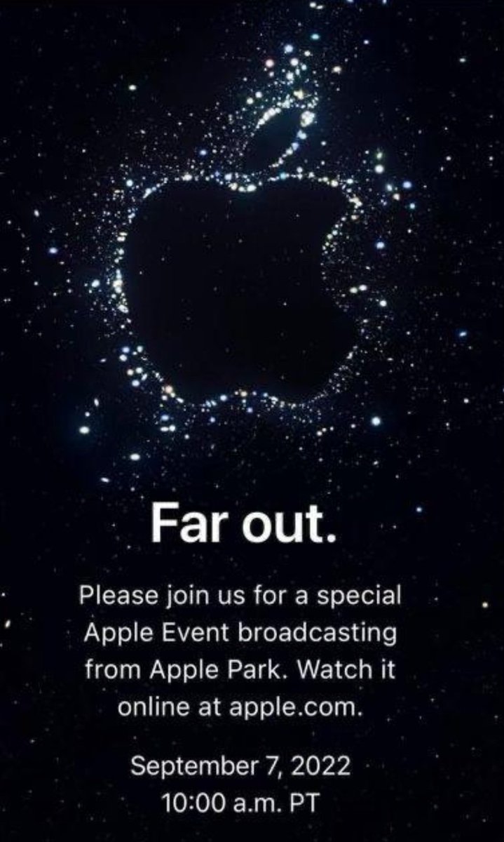 m70tech's tweet photo. Apple on Wednesday announced its flagship product launch event for this year that will take place on September 7. Called 'Far Out,' the event will showcase new iPhone 14 lineup, Watches and other products.
#AppleEvent #AppleEvent2022 #apple #iPhone14 #FarOut https://t.co/rOjKjFsSMm