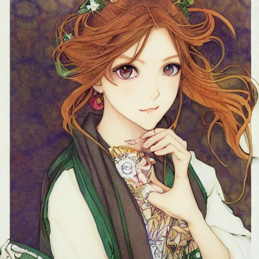 ミュシャに超かわいい女の子を京アニスタイル&ピクシブっぽい要素入れて描いて!と呪文を唱えたら一気に化けたのであるこの絵師絶対SNSでバズって化粧品パッケージとコラボするやつであるぞ#dreamstudio 