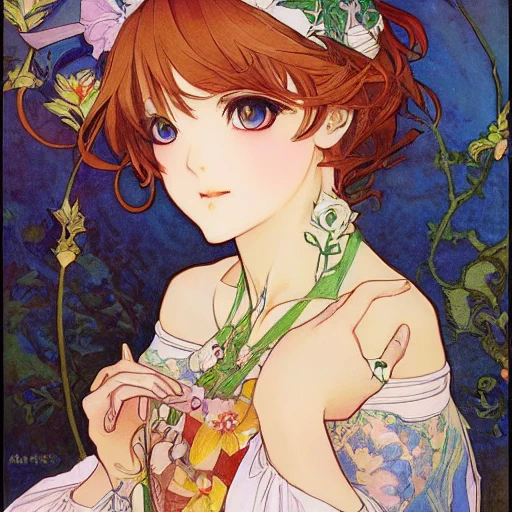 ミュシャに超かわいい女の子を京アニスタイル&ピクシブっぽい要素入れて描いて!と呪文を唱えたら一気に化けたのであるこの絵師絶対SNSでバズって化粧品パッケージとコラボするやつであるぞ#dreamstudio 