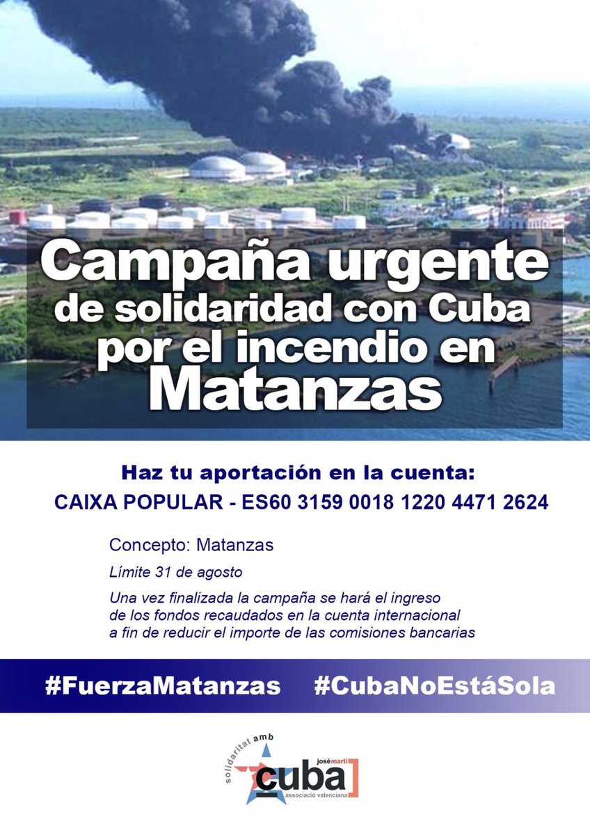 AsocJoseMarti's tweet photo. Hasta este momento las aportaciones a la campaña de solidaridad con Cuba🇨🇺 por el incendio en Matanzas suman 4.405€ y han sido realizadas por 31 personas.
���✈El total se destinará a la compra de los materiales priorizados para Matanzas y se enviarán por avión los próximos días https://t.co/6q9sNa3y7v