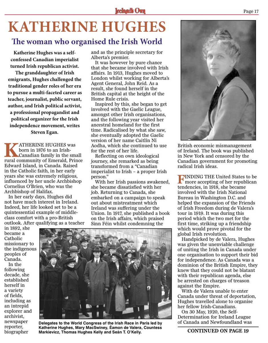 Great to see my short piece on the Irish-Canadian revolutionary Katherine Hughes published in <a href="/irelandsown1902/">Ireland's Own</a> today! 

Such a convoluted and interesting life that’s nearly impossible to distil down into a few hundred words!
