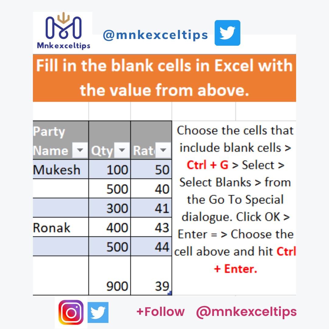 Mnkexceltips's tweet image. Fill in the black cells in Excel with the value from above

Choose the cells that include blank cells &amp;gt; Ctrl + G &amp;gt; Select &amp;gt; Select Blanks &amp;gt; from the Go To Special dialogue. Click OK &amp;gt; Enter = &amp;gt; Choose the cell above