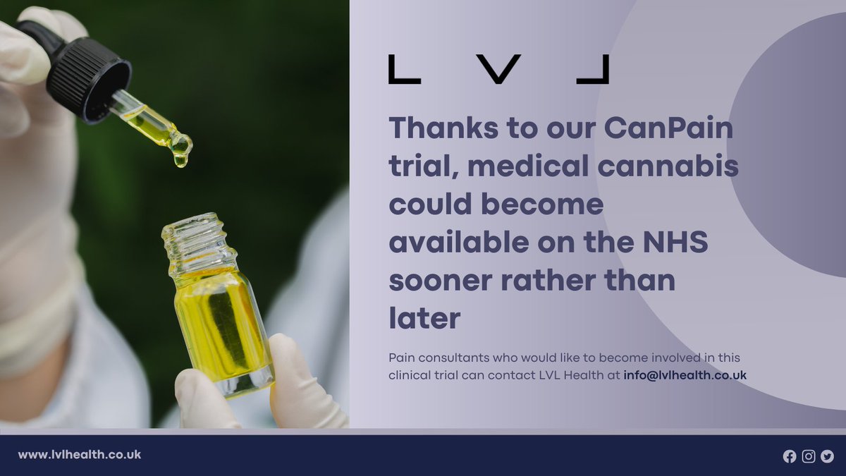 HealthLvl's tweet photo. Thanks to our CanPain trial, medical cannabis could become available on the NHS sooner, rather than later.
Pain consultants who would like to become involved in this clinical trial can contact LVL Health at info@lvlhealth.co.uk. 

To find out more, visit: https://t.co/31kk17yPcN https://t.co/2EvIVEJel7