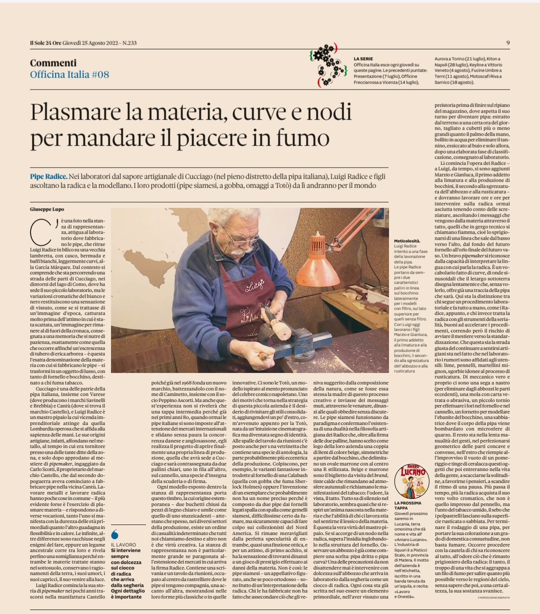 GiuseppeLupo8's tweet photo. Sul @sole24ore di oggi l'ottava puntata di #OfficinaItalia racconta la visita nel laboratorio delle pipe #Radice a #Cucciago (Co), uno dei brand più prestigiosi trai #pipemaker. @GeAssociati https://t.co/t4n58UGzXw