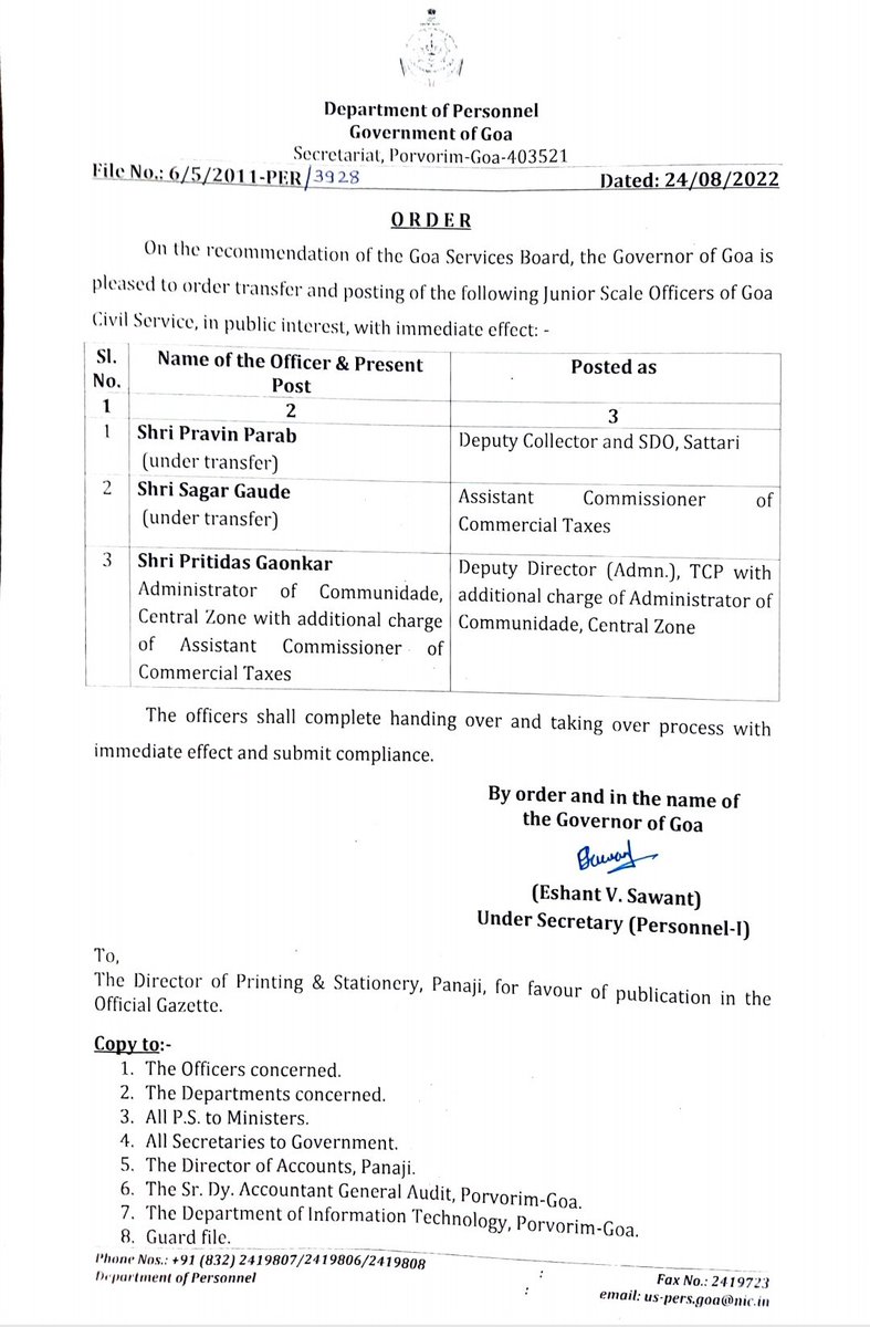 rdxgoa's tweet photo. Government issues transfer orders for #JuniorScale Officers of Goa Civil Service https://t.co/hOVtqdCD3O