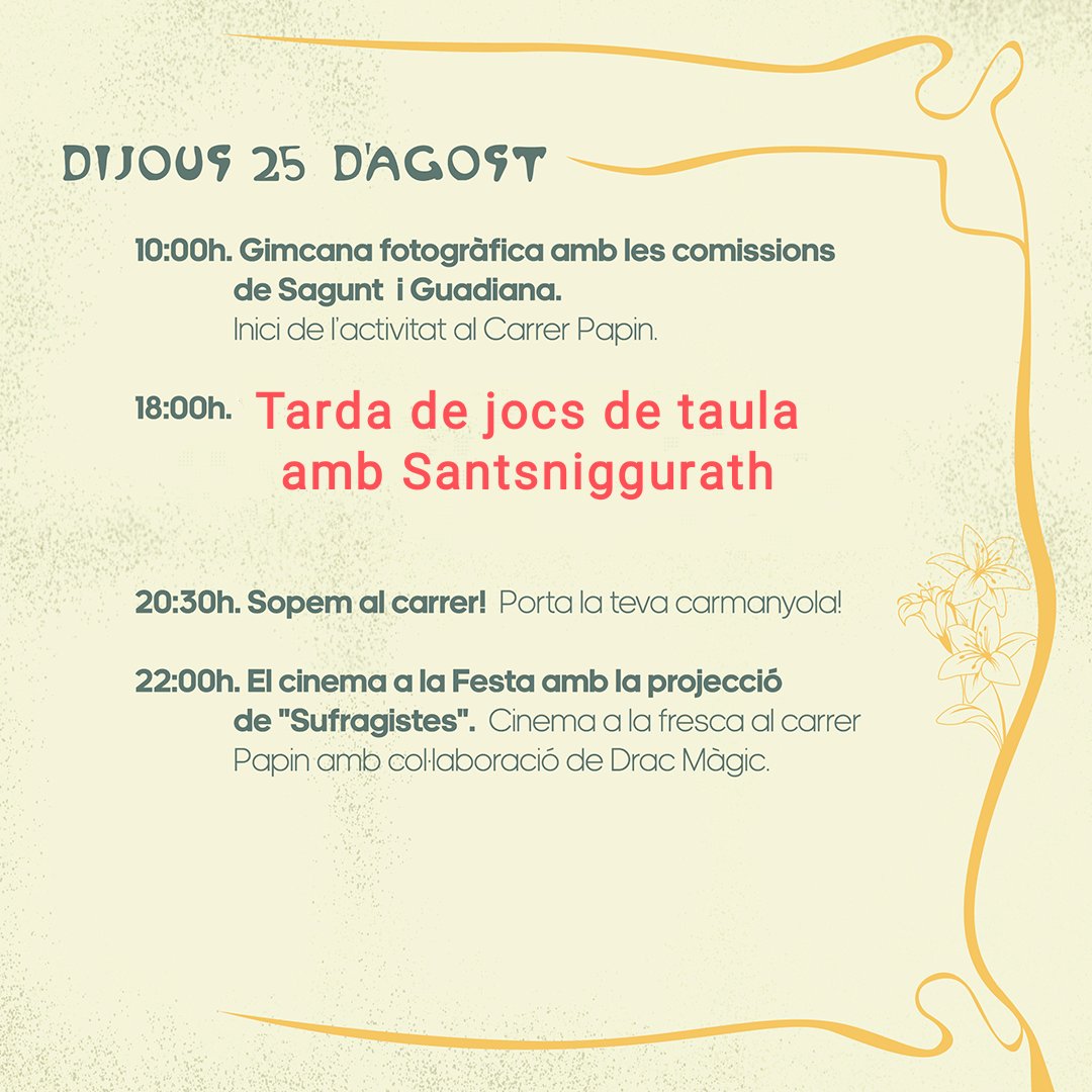 Booon diaa! En breu comencem la gimcana fotogràfica amb <a href="/ComissioSagunt/">Comissió Sagunt</a> i <a href="/ComiGuadiana/">ComiGuadiana</a>  .

A la tarda, canvi de programació, tindrem Jocs de taula amb <a href="/SantsNiggurath/">Sants-Niggurath</a> 

I a la nit ...cinema i crispetes! 🍿🎬