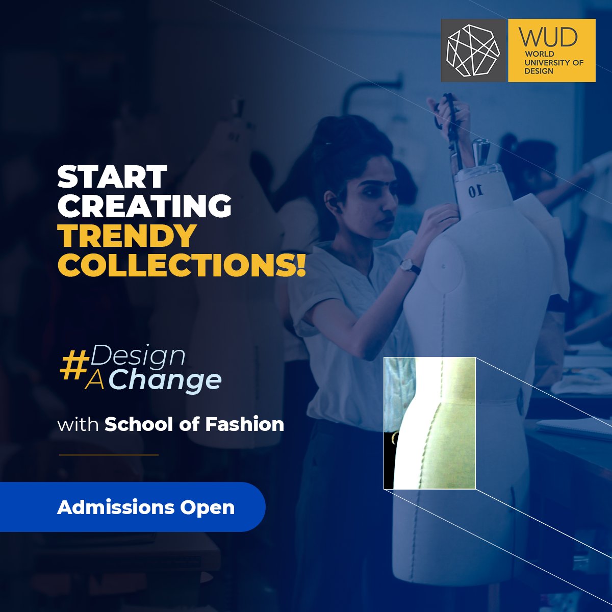 Fashion your career with #WUD. You’ll experience inspiration every single day in this creative realm of designs &amp; trends. Learn from renowned faculty &amp; best-in-class infrastructure. Rethink your future. Call us: +91 7056770065

#DesignAChange #AdmissionsOpen  #SchoolOfFashion