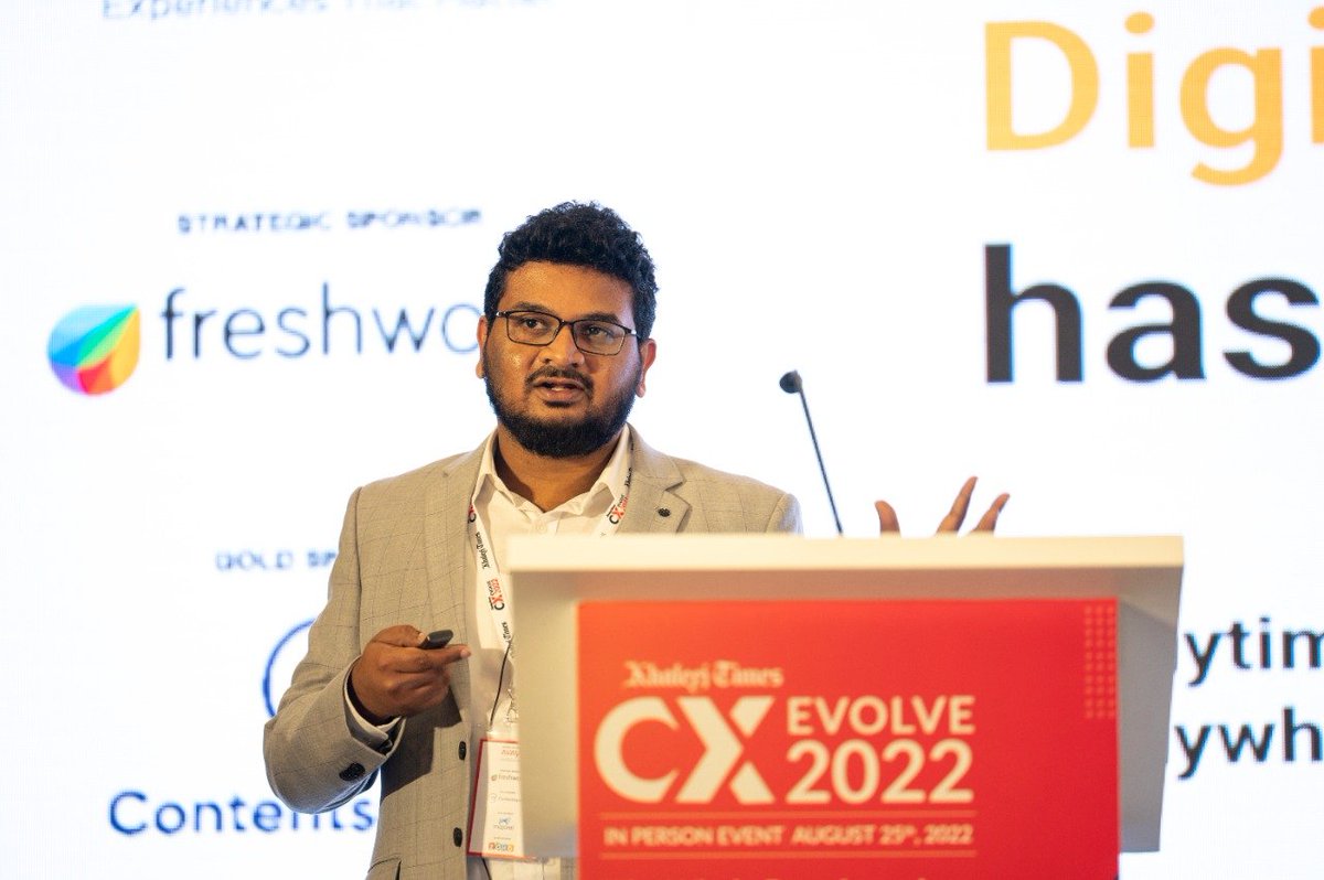khaleejtimes's tweet photo. #Dubai: Karthik Chandra Akula, Regional Head Middle East, @FreshworksInc addresses the  #CXEvolve 2022 Summit, powered by #khaleejtimes 

Photo: Shihab/KT 

#UAE #data #customerexperience #ai #customerjourney #customerservice #customersatisfaction #bigdata #analytics  #cxexperts https://t.co/uEthzDvckZ