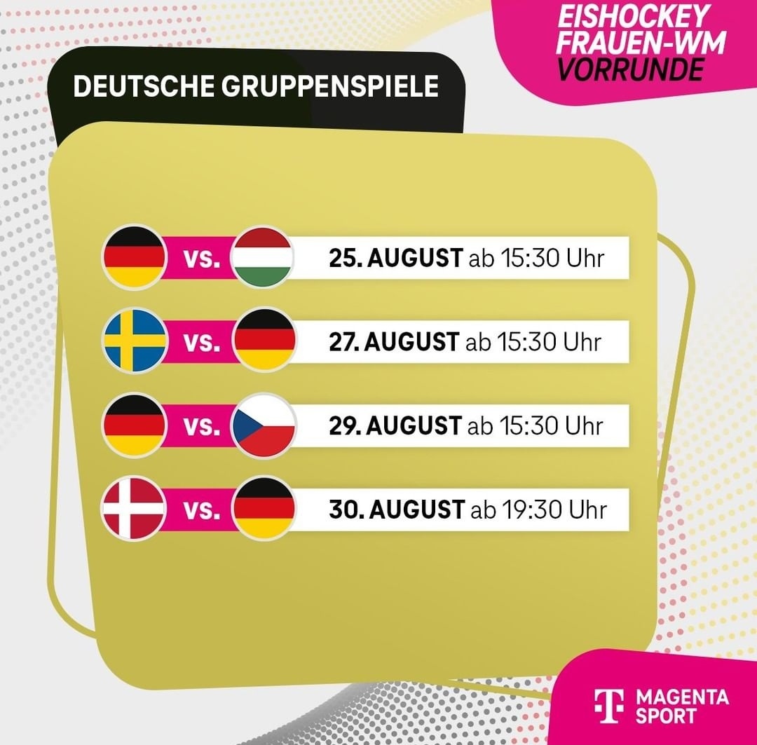 #MatchDay
🏒 <a href="/deb_teams/">Deutscher Eishockey-Bund</a> 🇩🇪 - @hockeyhunary 🇭🇺
🏟️ Iscenter Nord, Frederikshavn 🇩🇰
🕟 15.30 Uhr
📺 <a href="/MagentaTV/">MagentaTV</a>
🎤 Expertin: <a href="/ZornJ7/">Julia Zorn</a>
🎤 Kommentar: 🙋🏻‍♂️

<a href="/IIHFHockey/">IIHF</a> #WomensWorlds #Deutschland #Ungarn #EishockeyWM