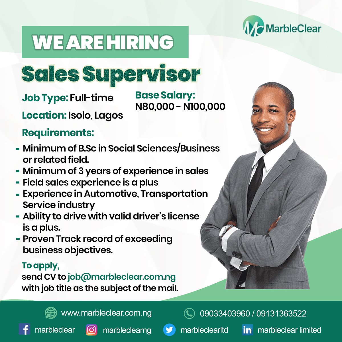 Marbleclearng's tweet photo. We are #hiring for the position of a Sales Supervisor
Location: Isolo, Lagos
Base Salary: N80,000 N100,000
Deadline: 2/09/2022
#Sales #salessupervisor #Automobile #automobileparts #recruitmentlagos #jobrecruitmentnigeria https://t.co/jVrQWkmDPR