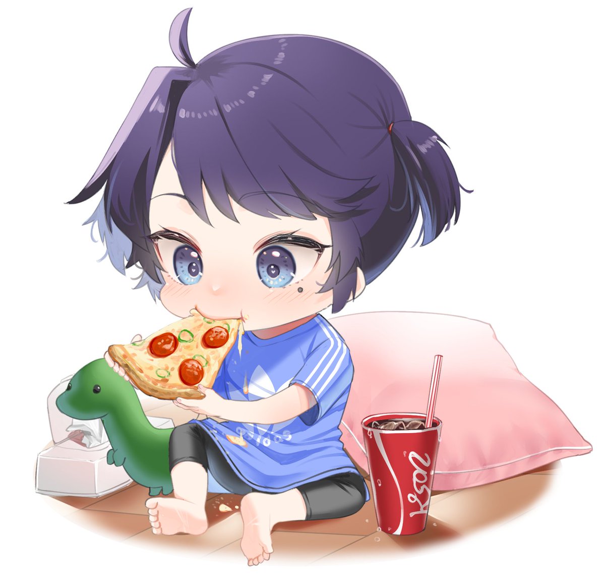 pizza food 1girl aged down blue eyes mole under eye mole  illustration images