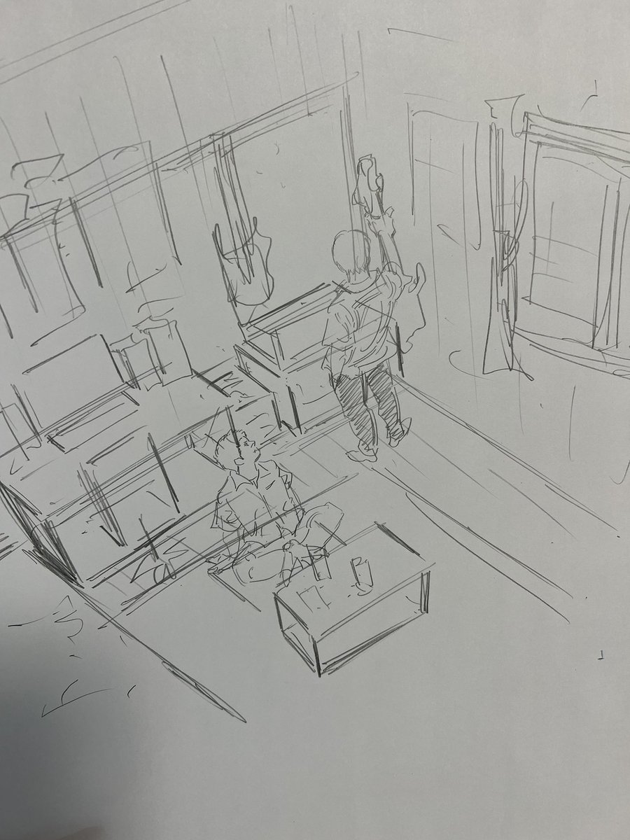 323話下書き実質1日目。
部屋のレイアウト考えるのも大変です。

僕はまぁまぁアタリを描く方です。細かいニュアンスはスタッフさんにお任せ。 