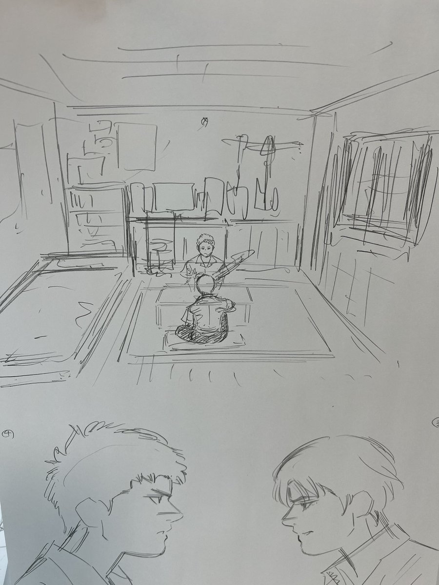 323話下書き実質1日目。
部屋のレイアウト考えるのも大変です。

僕はまぁまぁアタリを描く方です。細かいニュアンスはスタッフさんにお任せ。 