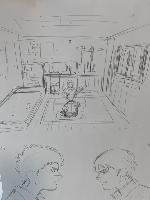323話下書き実質1日目。
部屋のレイアウト考えるのも大変です。

僕はまぁまぁアタリを描く方です。細かいニュアンスはスタッフさんにお任せ。 